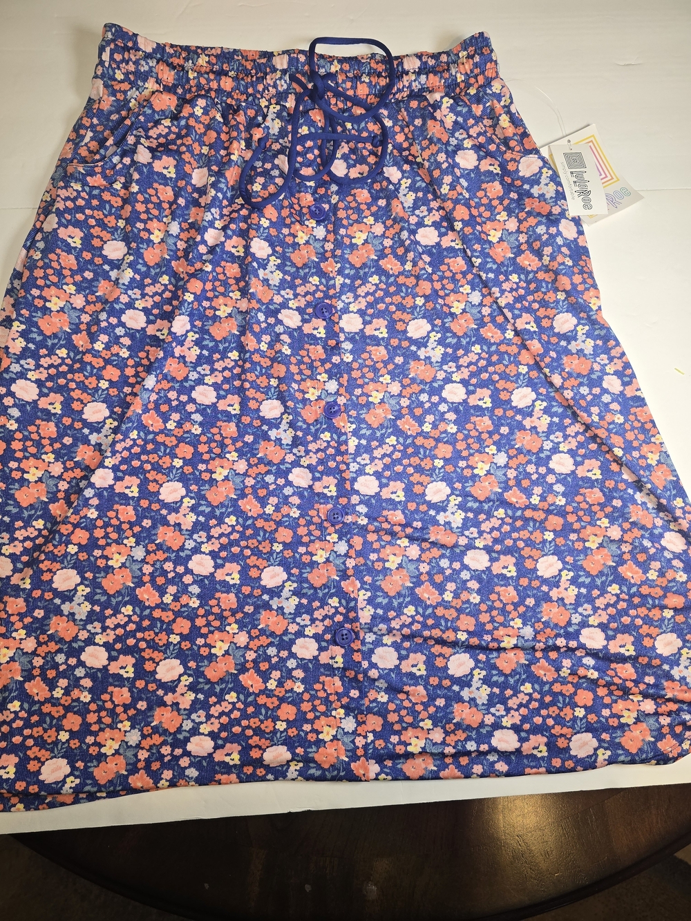 LuLaRoe Navy Floral Button-Front Skirt with Coral and White Blooms